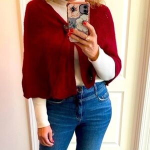 AT STUDIO Lambswool Blend Cropped Poncho Sweater Red Knit Size M/L Wrap Cozy